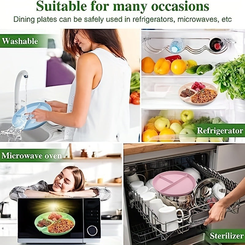 4pcs Unbreakable 9-Inch Wheat Plastic Round Gridded Dinner Plates - Durable, Dishwasher-Cleanable, Reusable, BPA-Free, Picnic and Salad Plates for Eid Al-Adha Mubarak Celebration - Perfect for Outdoor and Indoor Use