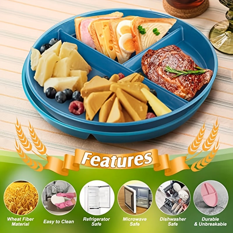 4pcs Unbreakable 9-Inch Wheat Plastic Round Gridded Dinner Plates - Durable, Dishwasher-Cleanable, Reusable, BPA-Free, Picnic and Salad Plates for Eid Al-Adha Mubarak Celebration - Perfect for Outdoor and Indoor Use