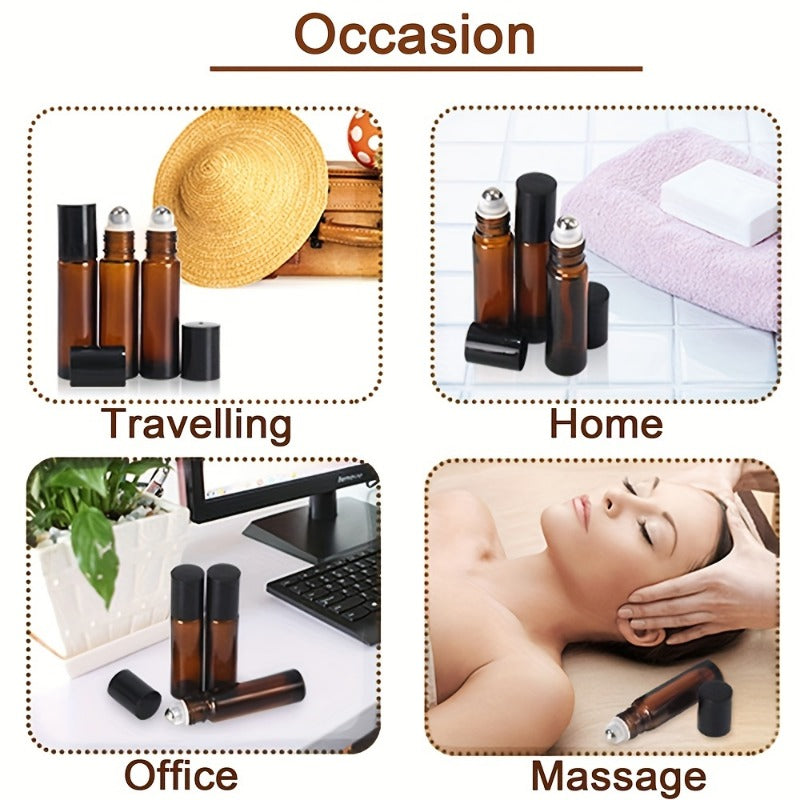 5/10pcs Essential Oil Roller Bottles, 10ml Amber Glass Roller Bottles With Stainless Steel Roller Balls And Caps For Travel, Perfume And Lip Gloss