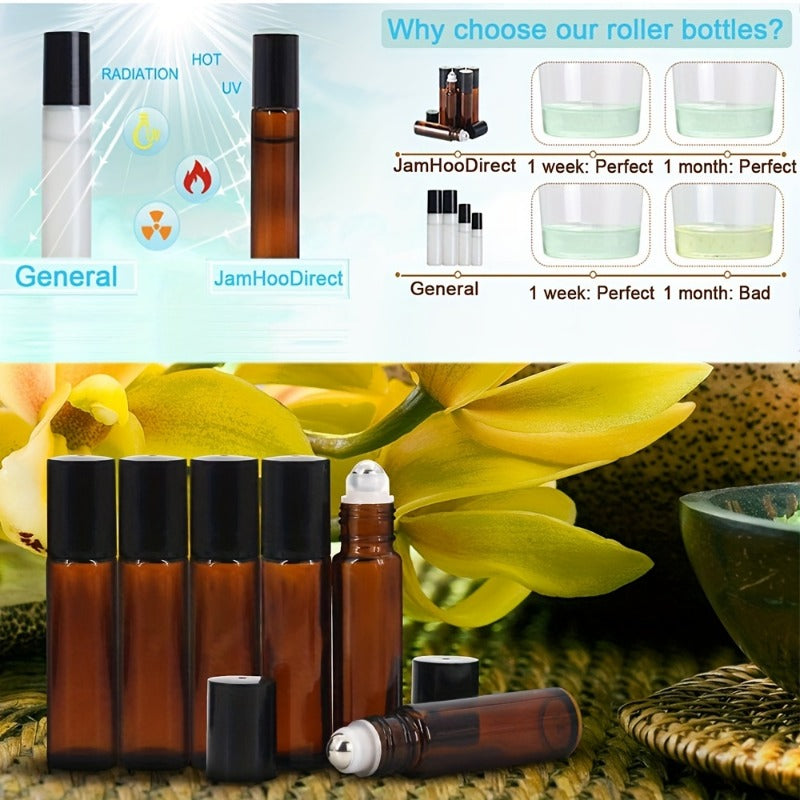 5/10pcs Essential Oil Roller Bottles, 10ml Amber Glass Roller Bottles With Stainless Steel Roller Balls And Caps For Travel, Perfume And Lip Gloss