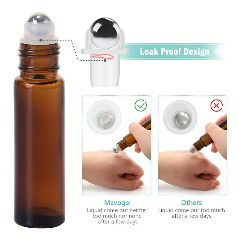 5/10pcs Essential Oil Roller Bottles, 10ml Amber Glass Roller Bottles With Stainless Steel Roller Balls And Caps For Travel, Perfume And Lip Gloss