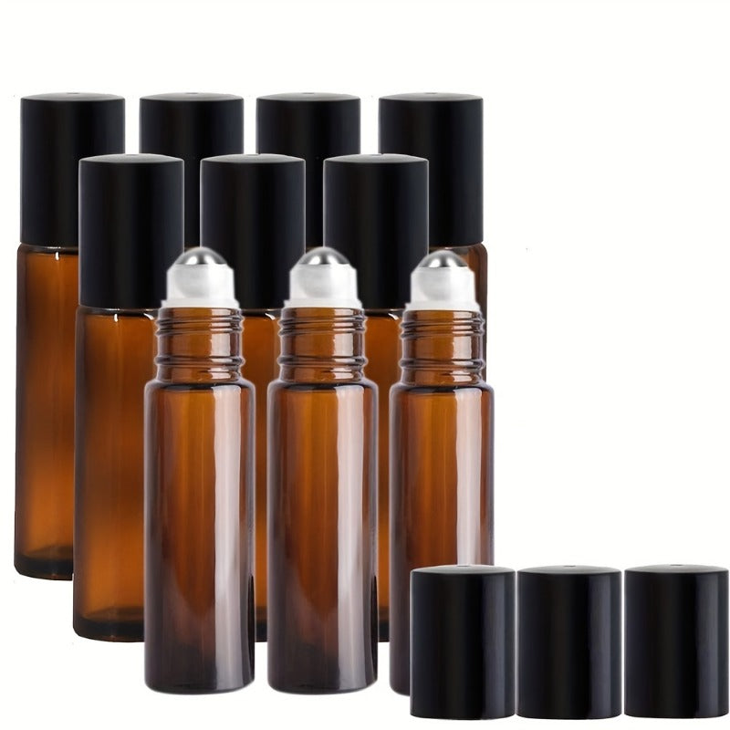 5/10pcs Essential Oil Roller Bottles, 10ml Amber Glass Roller Bottles With Stainless Steel Roller Balls And Caps For Travel, Perfume And Lip Gloss