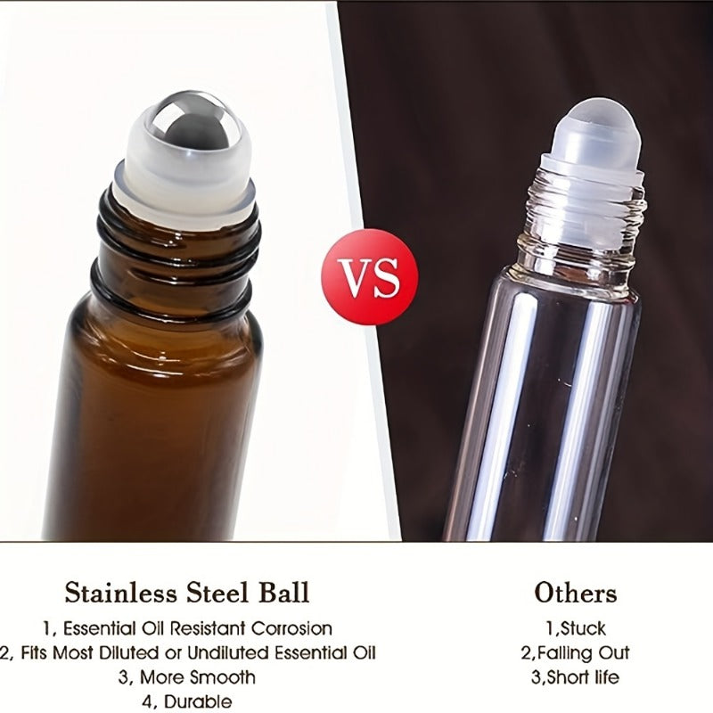 5/10pcs Essential Oil Roller Bottles, 10ml Amber Glass Roller Bottles With Stainless Steel Roller Balls And Caps For Travel, Perfume And Lip Gloss