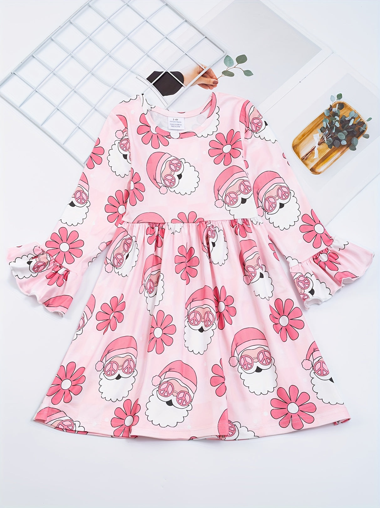 Festive Girls' Christmas Party Dress - Casual & Stretchy Santa Claus & Candy Graphic Kids Clothes for Girls