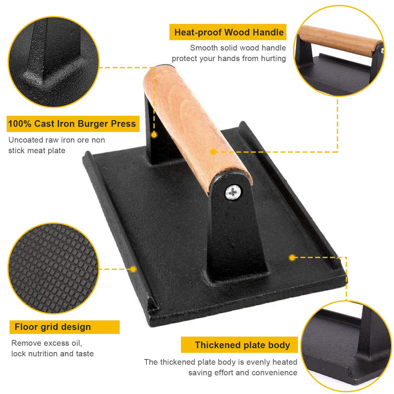 Cast Iron Grill Press for Perfectly Seared, Steak & Sandwiches | Equalized Weight Distribution | Food-Grade Press with Wood Handle |Round | Square