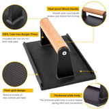 Cast Iron Grill Press for Perfectly Seared, Steak & Sandwiches | Equalized Weight Distribution | Food-Grade Press with Wood Handle |Round | Square