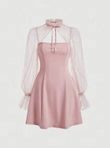 Pink Sleeve Dress Trim Tie Front, Stand-Up Collar With Straps And See-Through Puff Sleeves