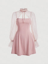 Pink Sleeve Dress Trim Tie Front, Stand-Up Collar With Straps And See-Through Puff Sleeves