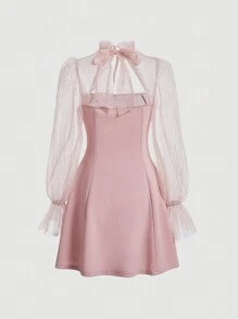 Pink Sleeve Dress Trim Tie Front, Stand-Up Collar With Straps And See-Through Puff Sleeves