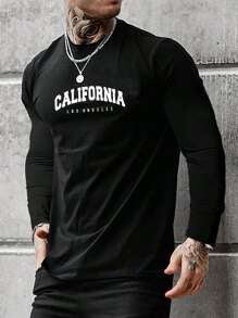 EASYOWN Homme Men California Letter Graphic Casual Long Sleeve Tee, For Going Out, For Husband, Black Long Sleeve Tshirt, California Los Angeles Tshirt