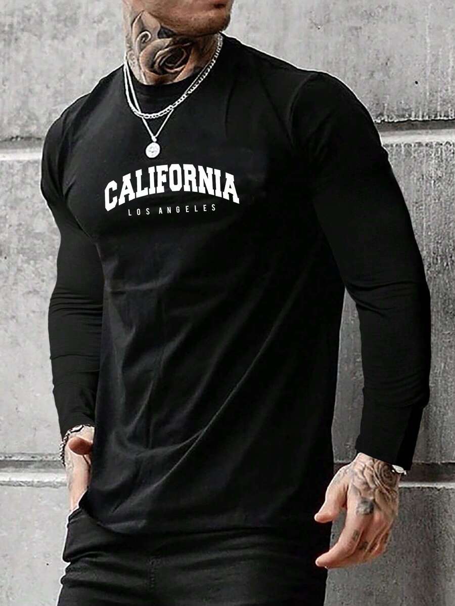 Manfinity Homme Men California Letter Graphic Casual Long Sleeve Tee, For Going Out, For Husband, Black Long Sleeve Tshirt, California Los Angeles Tshirt
