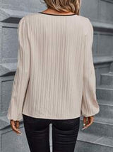 Editum Contrast Trim Lantern Sleeve Notched Neckline Blouse,Long Sleeve Tops