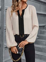 Editum Contrast Trim Lantern Sleeve Notched Neckline Blouse,Long Sleeve Tops