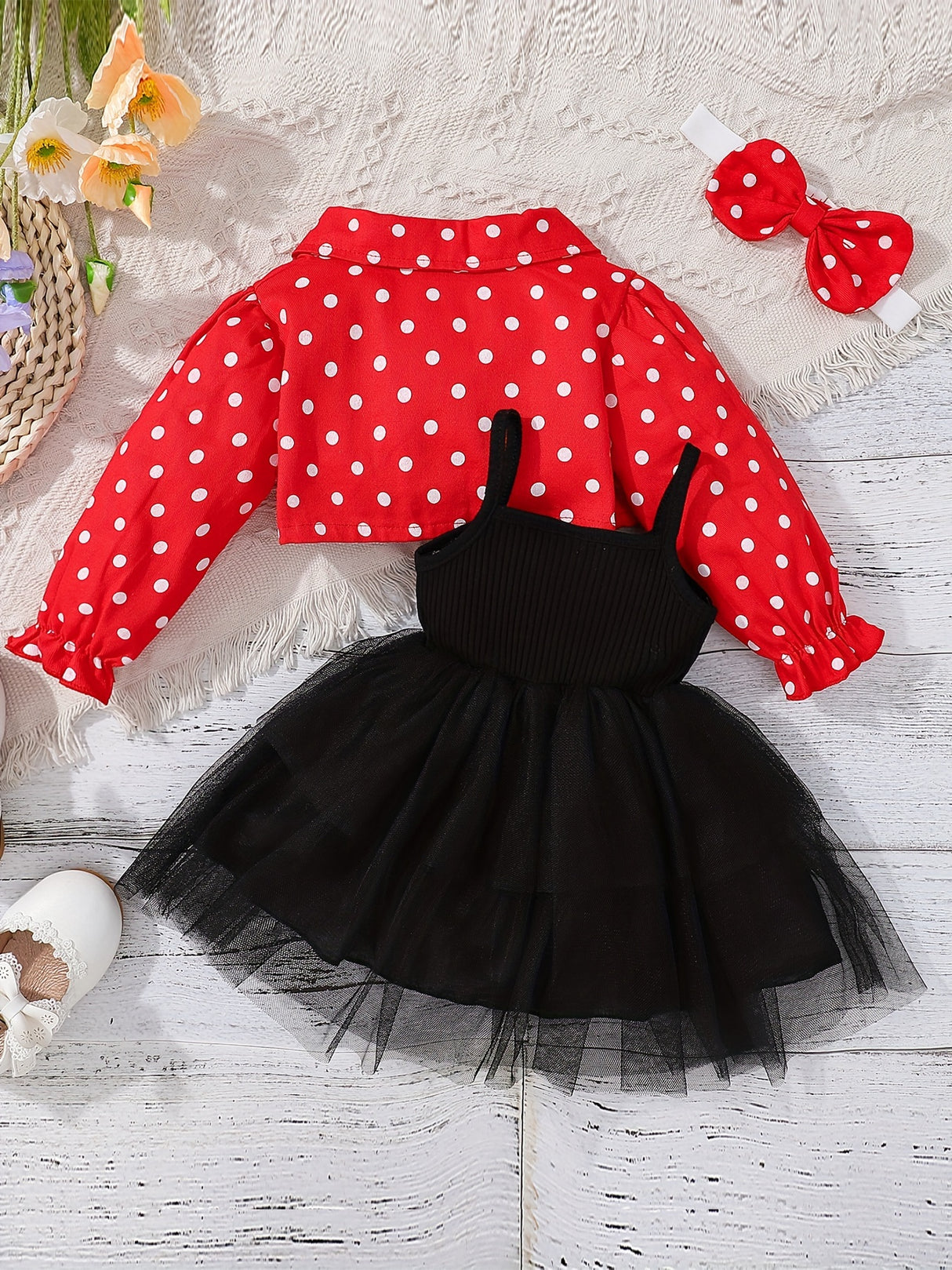 Baby Girl Outfit Red Head Knot+Red Dot Jacket+Black Suspender Mesh Skirt Three Pieces Set with 3 - 24 Months