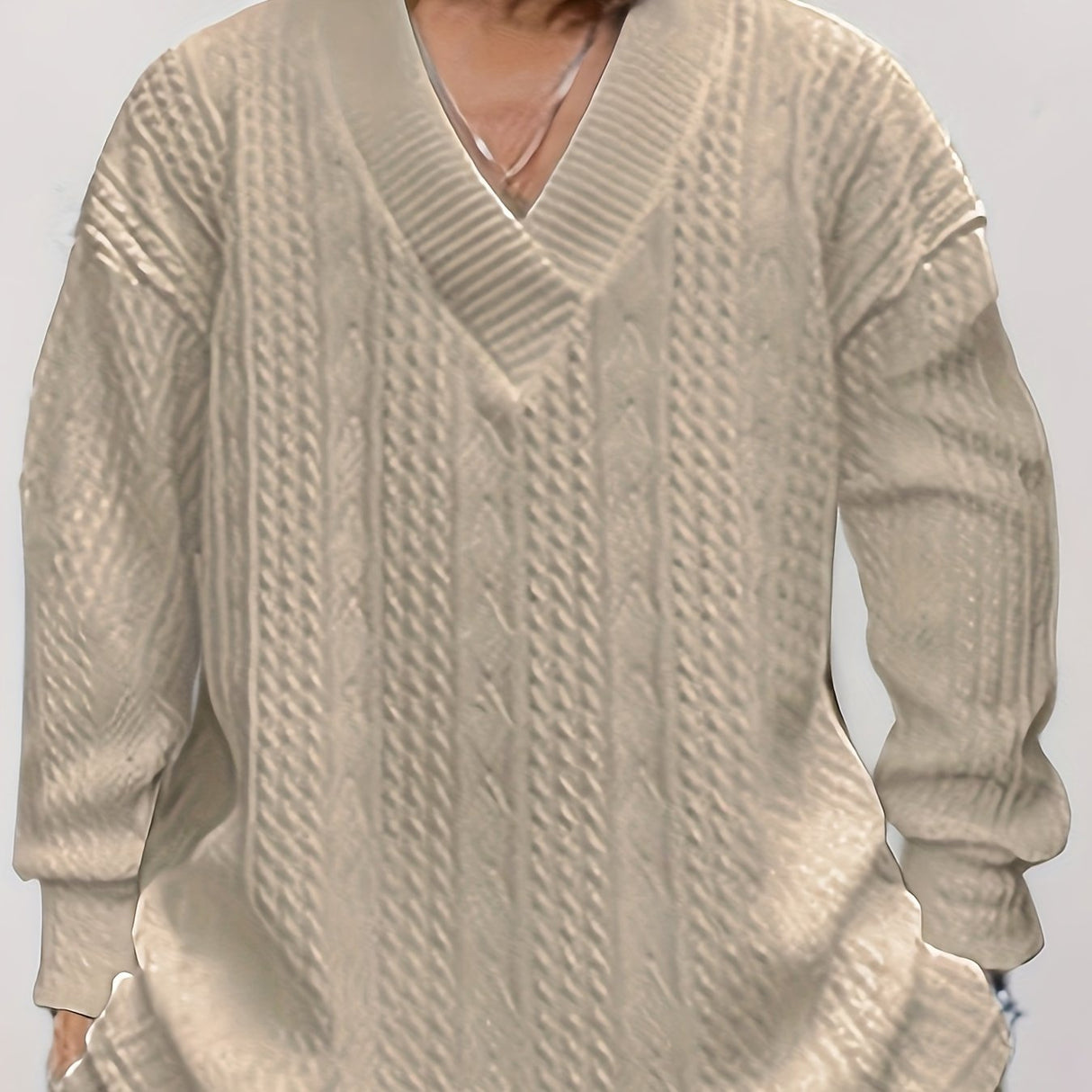 Cotton Blend Loose All Match Knitted Cable Sweater, Men's Casual Warm Slightly Stretch V Neck Pullover Sweater For Men Fall Winter, Old Money Style