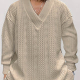 Cotton Blend Loose All Match Knitted Cable Sweater, Men's Casual Warm Slightly Stretch V Neck Pullover Sweater For Men Fall Winter, Old Money Style