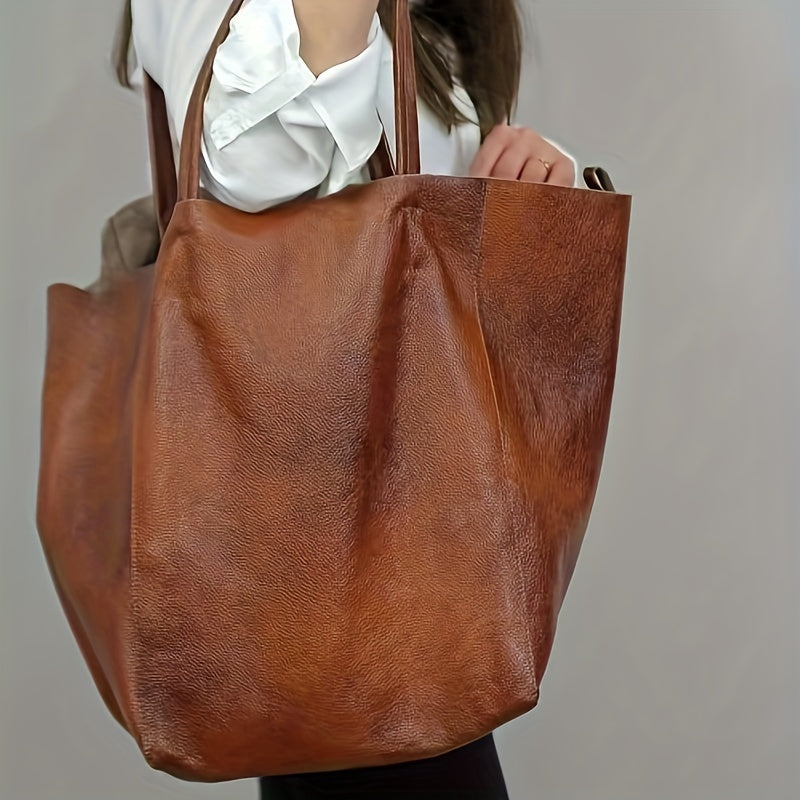 Large Capacity Retro Soft PU Leather Tote Bag - Stylish Buckle Closure Shoulder Bag with Spacious Interior - Trendy Handbag for Women with Classic Design
