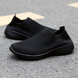 Women's Solid Color Flying Woven Sneakers, Casual & Breathable Slip On Outdoor Shoes, Lightweight Low Top Running Shoes plus size