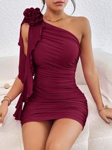 Firerie Women'S One Shoulder Dress With 3d Floral Decoration