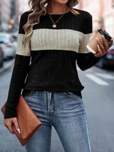 EMERY ROSE Women Black Long Sleeve T-Shirt Patchwork Thermal Lined Sweatshirt For Autumn Graphic Tees Women Tops For Spring Outfit