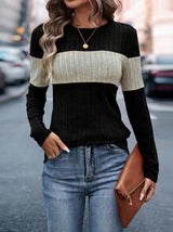 EMERY ROSE Women Black Long Sleeve T-Shirt Patchwork Thermal Lined Sweatshirt For Autumn Graphic Tees Women Tops For Spring Outfit
