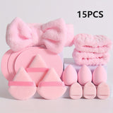 18/15pcs Pink Makeup Set: Soft Fiber Crystal Cotton Triangle Dry Powder Puffs, Beauty Blender Sponges, Washable Facial Makeup Tools Kit with Headband