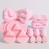 18/15pcs Pink Makeup Set: Soft Fiber Crystal Cotton Triangle Dry Powder Puffs, Beauty Blender Sponges, Washable Facial Makeup Tools Kit with Headband