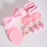 18/15pcs Pink Makeup Set: Soft Fiber Crystal Cotton Triangle Dry Powder Puffs, Beauty Blender Sponges, Washable Facial Makeup Tools Kit with Headband