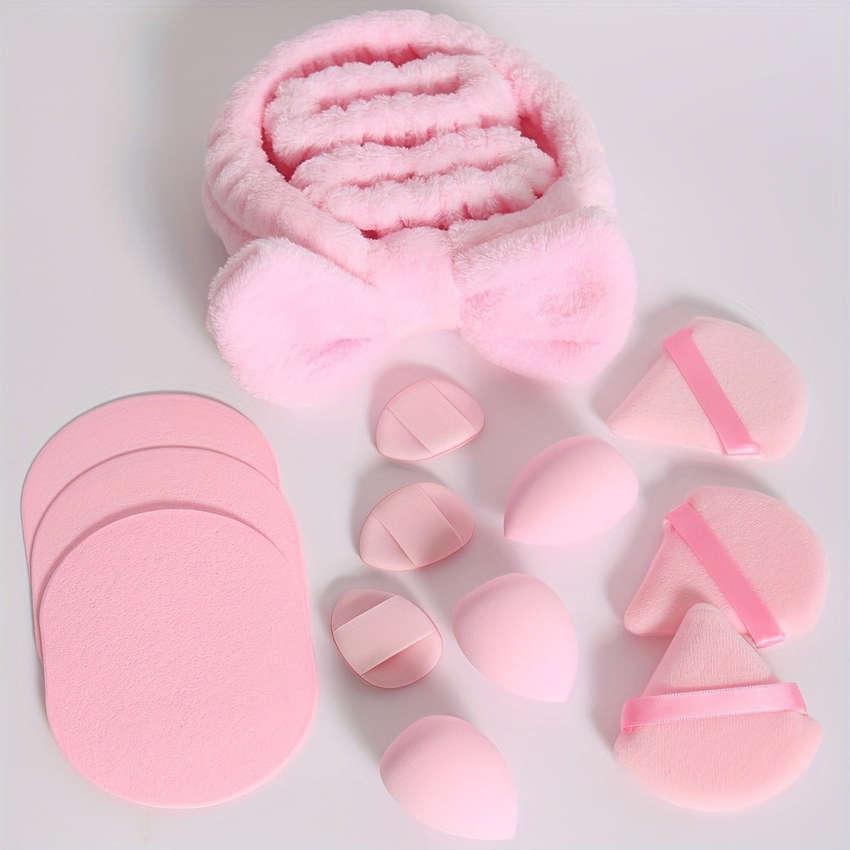 18/15pcs Pink Makeup Set: Soft Fiber Crystal Cotton Triangle Dry Powder Puffs, Beauty Blender Sponges, Washable Facial Makeup Tools Kit with Headband