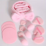 18/15pcs Pink Makeup Set: Soft Fiber Crystal Cotton Triangle Dry Powder Puffs, Beauty Blender Sponges, Washable Facial Makeup Tools Kit with Headband