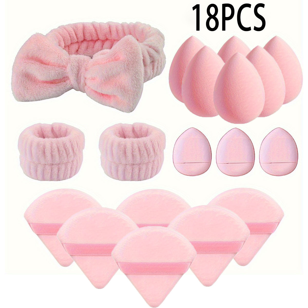 18/15pcs Pink Makeup Set: Soft Fiber Crystal Cotton Triangle Dry Powder Puffs, Beauty Blender Sponges, Washable Facial Makeup Tools Kit with Headband