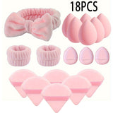18/15pcs Pink Makeup Set: Soft Fiber Crystal Cotton Triangle Dry Powder Puffs, Beauty Blender Sponges, Washable Facial Makeup Tools Kit with Headband