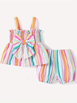 PatPat 2pc Baby Girl Sweet Colorful Stripe Print Cami Top And Shorts Set