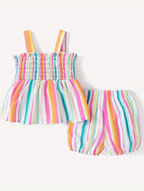 PatPat 2pc Baby Girl Sweet Colorful Stripe Print Cami Top And Shorts Set