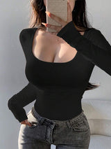 DAZY Women's Solid Color Large Round Neck Slim Fit T-Shirt,Fall Women Clothes