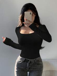 DAZY Women's Solid Color Large Round Neck Slim Fit T-Shirt,Fall Women Clothes