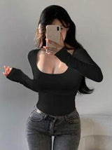 DAZY Women's Solid Color Large Round Neck Slim Fit T-Shirt,Fall Women Clothes