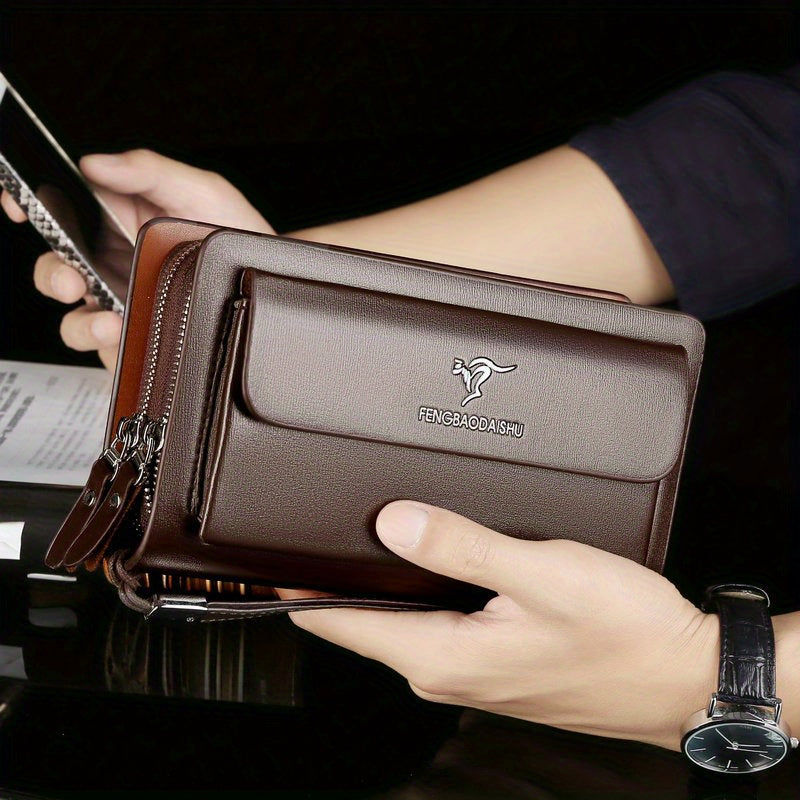 1pc Men's Business Clutch Bag, Double Zipper Long Wallet, Large Capacity Wallet