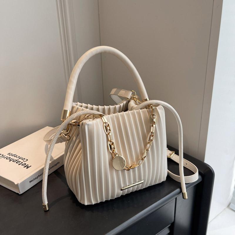 Elegant White Pleated Bucket Bag for Women – Chic Summer Crossbody Shoulder Handbag with Golden-Tone Hardware & Braided Handle, Versatile All-Match Design, Ladies Handbags
