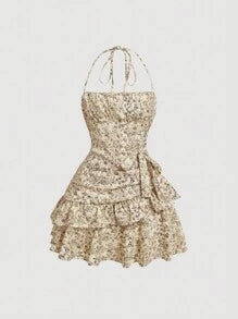 Floral Print Halter Neck Dress With Embellishment