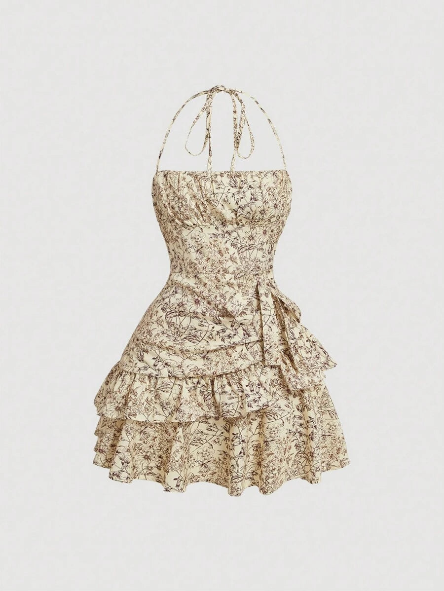 Floral Print Halter Neck Dress With Embellishment