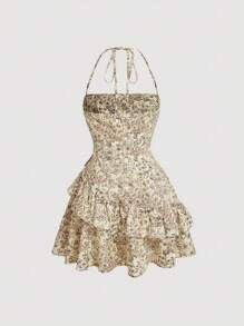 Floral Print Halter Neck Dress With Embellishment