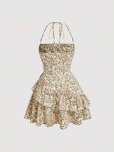 Floral Print Halter Neck Dress With Embellishment