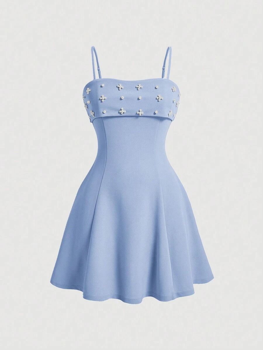 Women's Pearl Beaded Detail Spaghetti Strap Dress,Pastel Dresses For Women