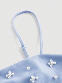 Women's Pearl Beaded Detail Spaghetti Strap Dress,Pastel Dresses For Women