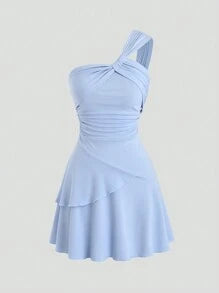 easyown Solid Color Asymmetrical Neckline Ruched Cinching Waist Dress Y2K Outfit Vacation Outfits Woman 