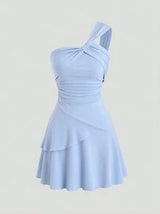 easyown Solid Color Asymmetrical Neckline Ruched Cinching Waist Dress Y2K Outfit Vacation Outfits Woman 