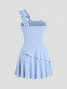 easyown Solid Color Asymmetrical Neckline Ruched Cinching Waist Dress Y2K Outfit Vacation Outfits Woman 