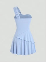 easyown Solid Color Asymmetrical Neckline Ruched Cinching Waist Dress Y2K Outfit Vacation Outfits Woman 