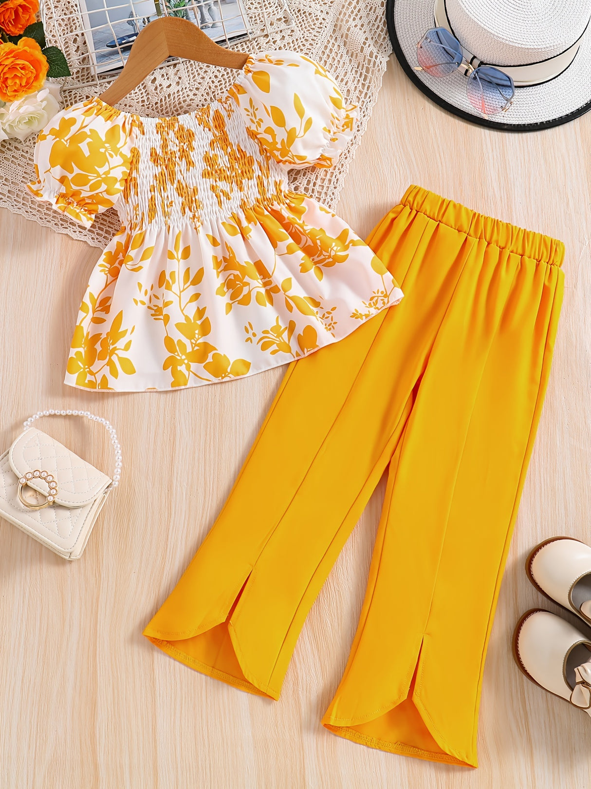Girls 2pcs Shirred Shirt & Elastic Waist Flared Pants Set Floral Print Short Puff Sleeve Top Elegant Kids Clothes Summer